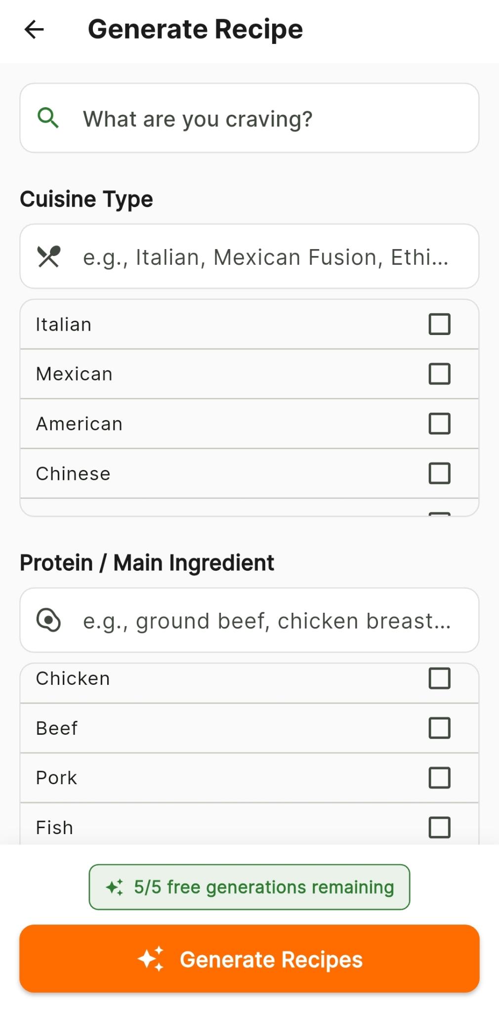 AI recipe generator with cuisine and protein selection