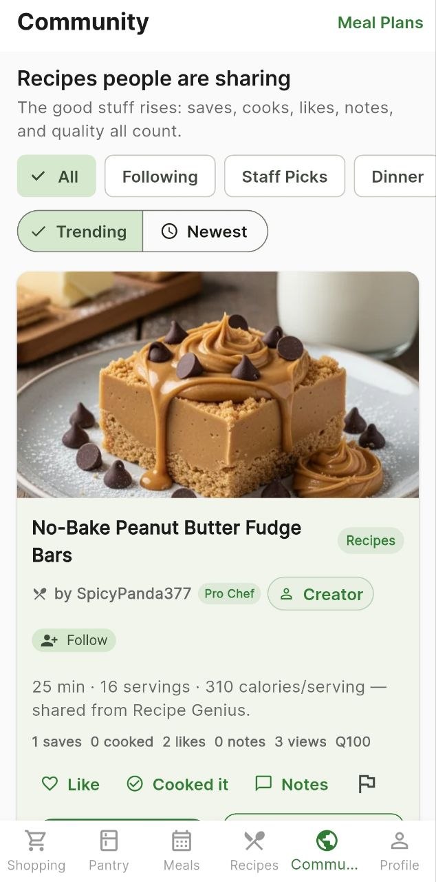 Recipe Genius community feed with shared recipes