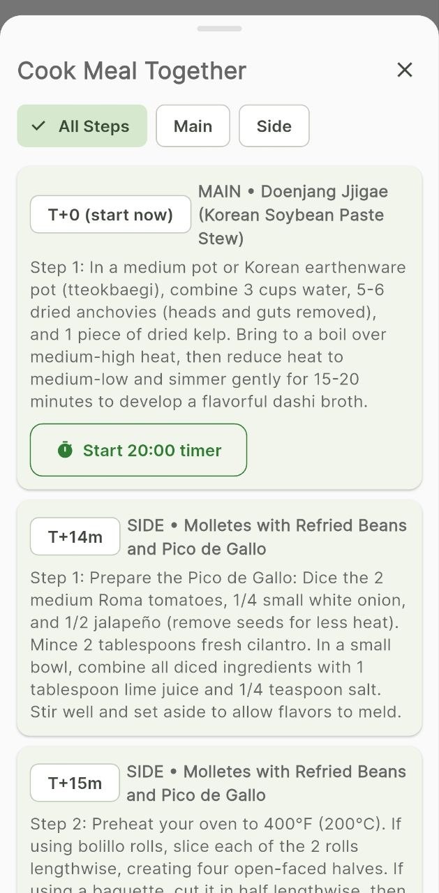 Recipe Genius cook meal together schedule with multiple dishes