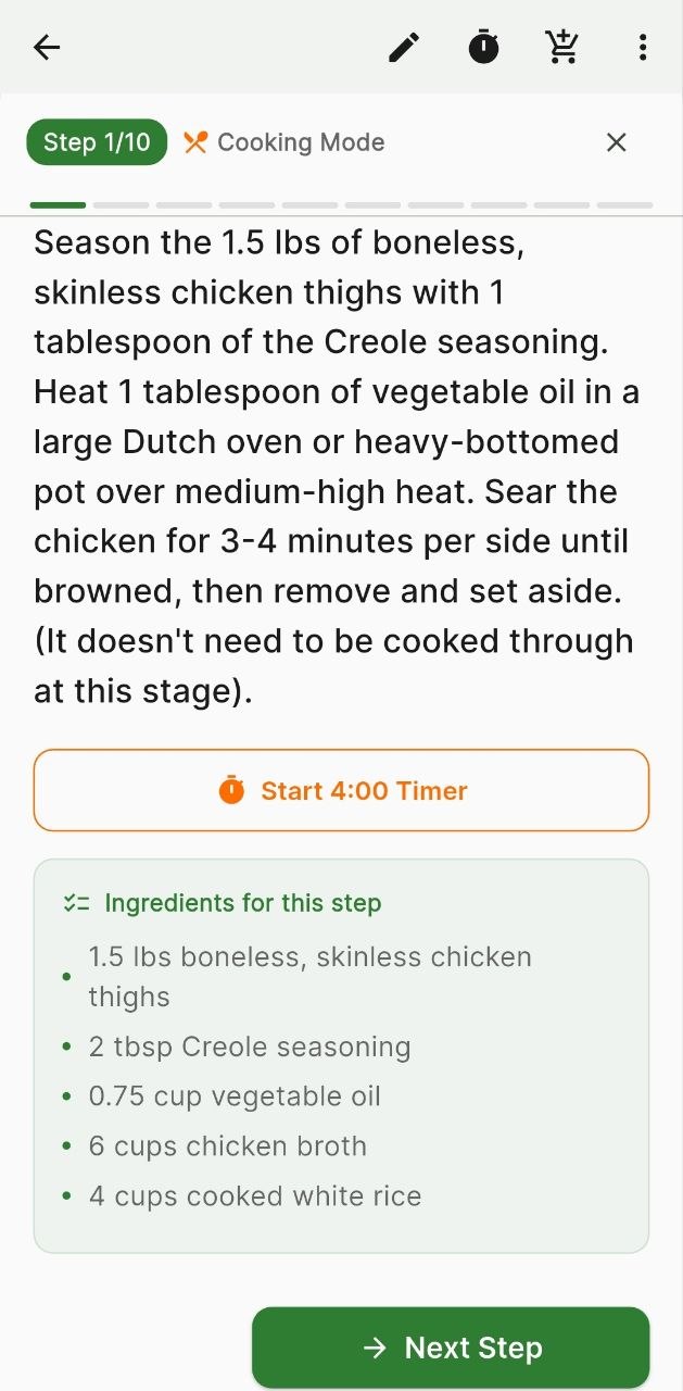 Recipe Genius cooking mode with step-by-step instructions