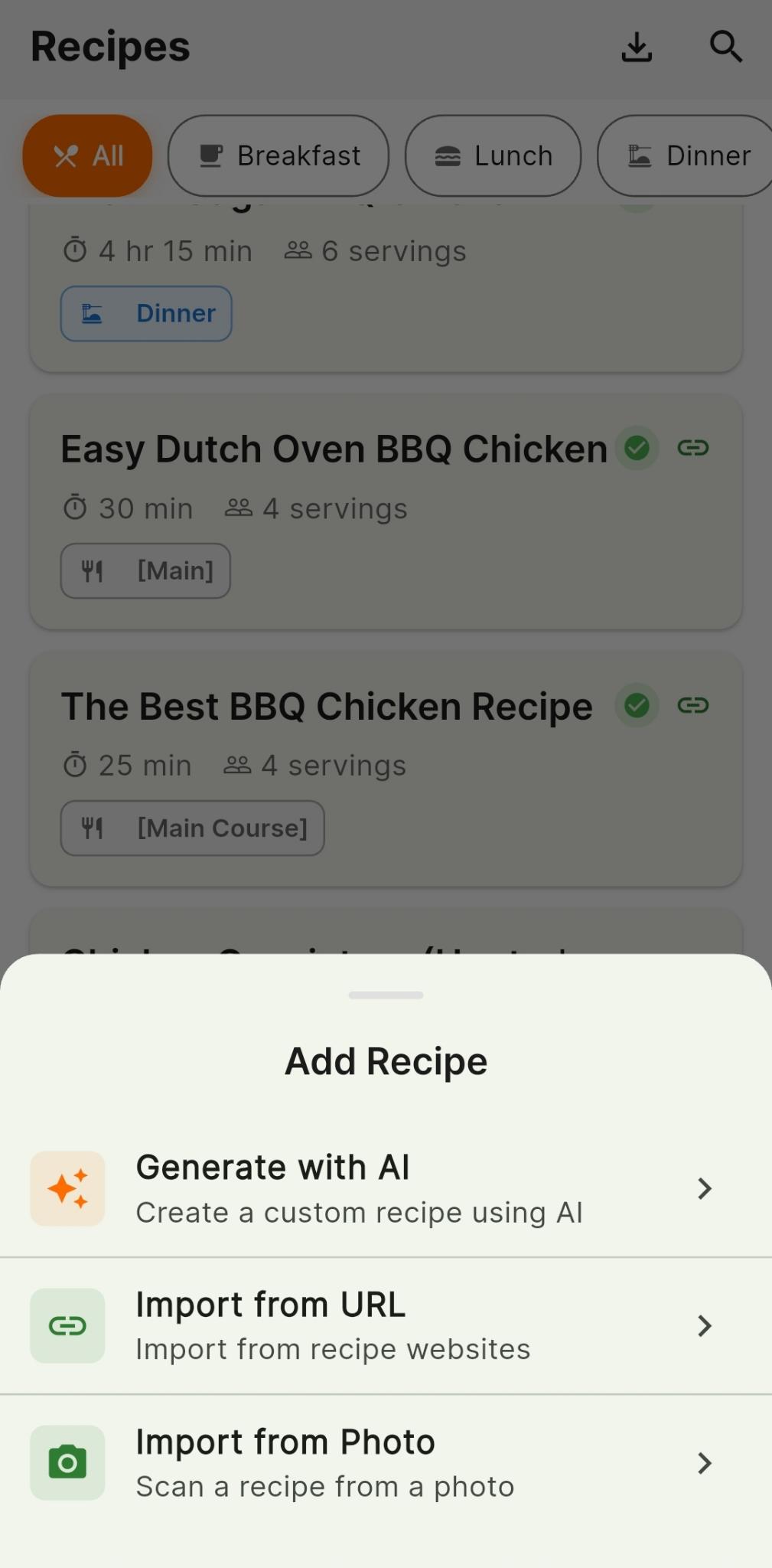 Three ways to add recipes — AI generate, URL import, photo import