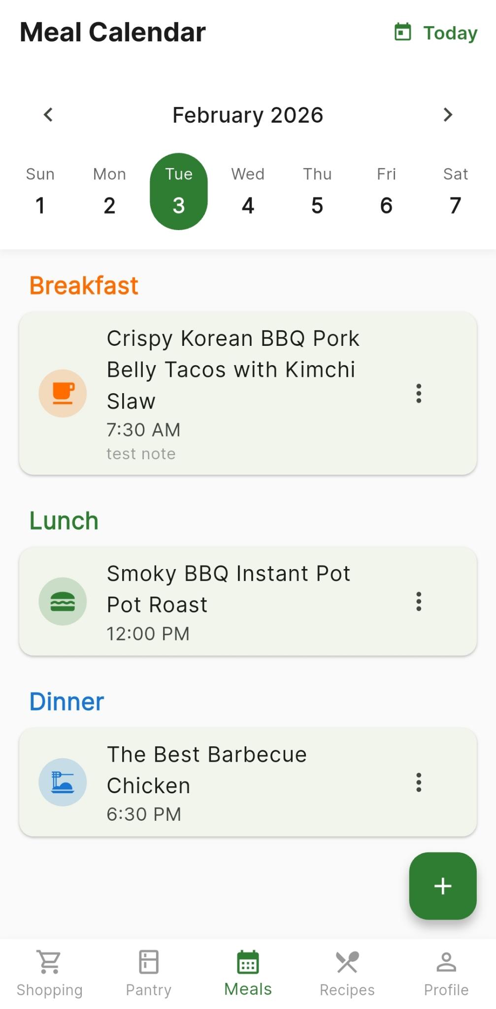 Meal planning calendar with breakfast, lunch, and dinner