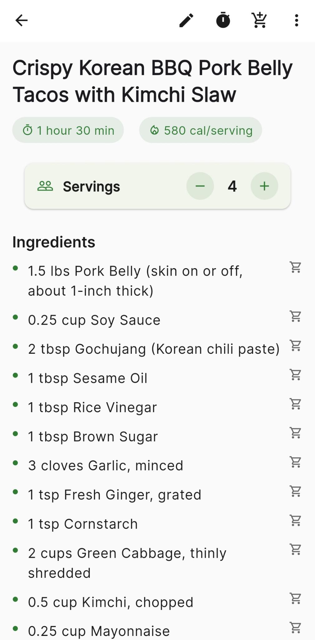 Recipe detail view with scalable ingredients and nutrition