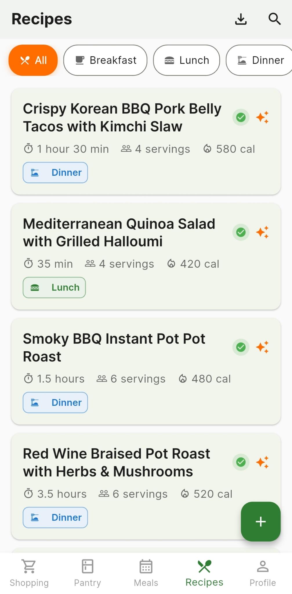 Recipe Genius — AI recipe list showing Korean BBQ Tacos, Mediterranean Quinoa Salad, and more