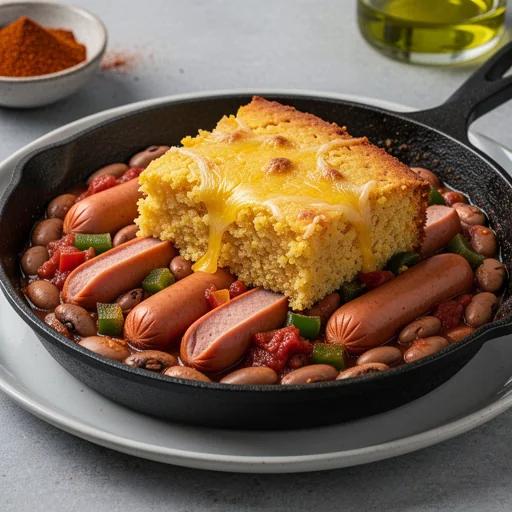 Smoky Pinto Bean & Hot Dog Skillet with Cheesy Cornbread Topping finished dish