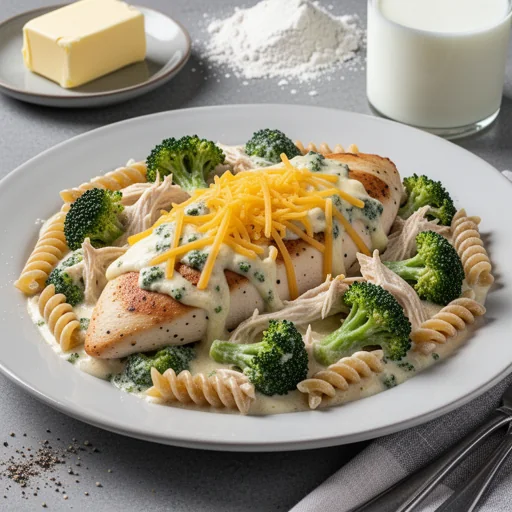 Creamy Broccoli Cheddar Chicken Alfredo Bake finished dish