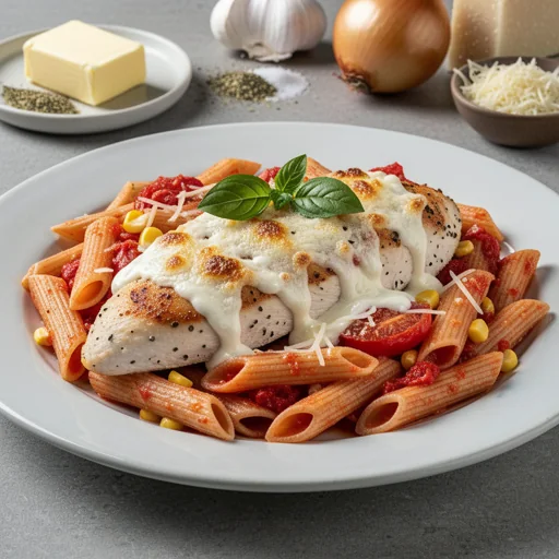 Creamy Baked Chicken and Tomato Penne finished dish