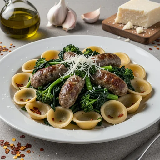 Orecchiette con Cime di Rapa e Salsiccia (Orecchiette with Broccoli Rabe and Sausage) finished dish