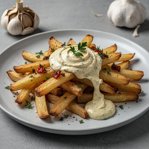 Frites Provençales with Roasted Garlic Aioli finished dish