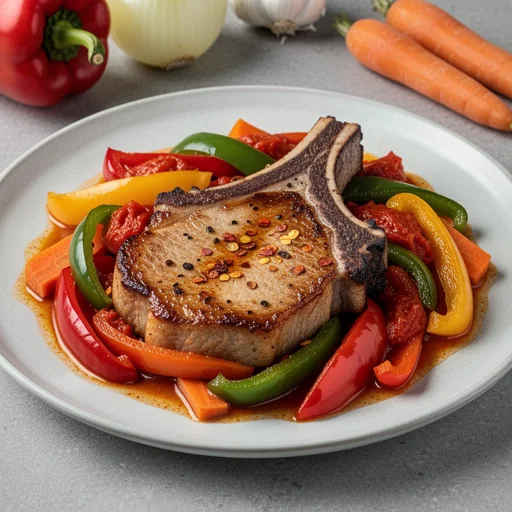 Korean-Spiced Pan-Seared Pork Chops with Savory Stewed Bell Peppers, Carrots & Tomatoes finished dish