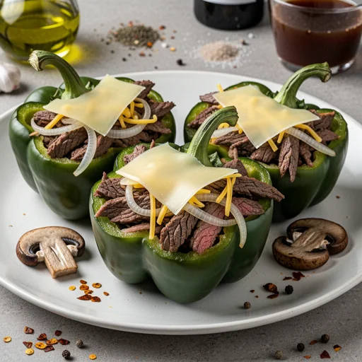 Classic Philly Cheesesteak Stuffed Bell Peppers finished dish