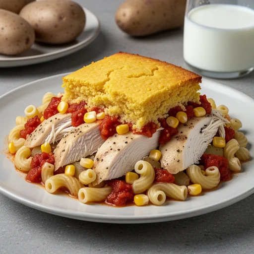 Southern Chicken, Potato & Corn Pasta Bake with Cornbread Topping finished dish