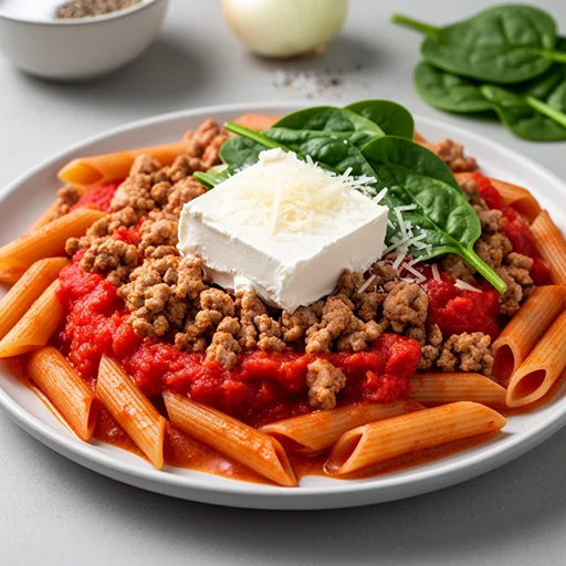 One-Skillet Creamy Tomato & Ground Turkey Pasta finished dish
