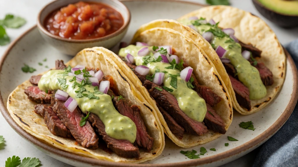 Carne Asada Tacos with Avocado Crema finished dish