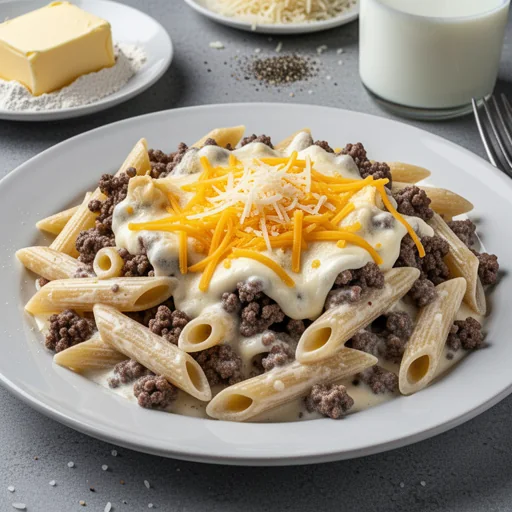 Southern Beef & Cheddar Alfredo Bake finished dish