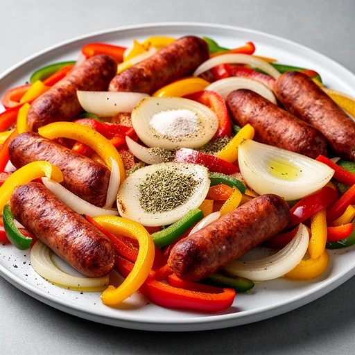 Sheet Pan Sausage, Peppers & Onions finished dish