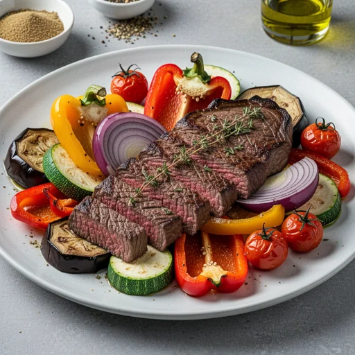 Sheet Pan Mediterranean Beef & Roasted Vegetables finished dish
