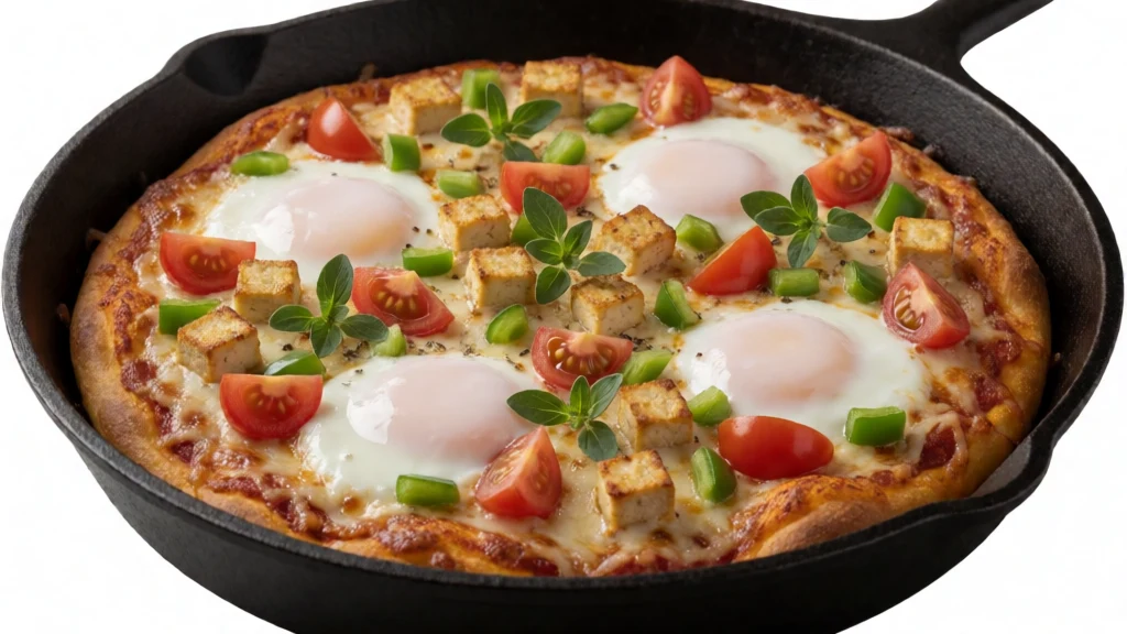 Fiery Florentine Tofu & Poached Egg Pan Pizza finished dish