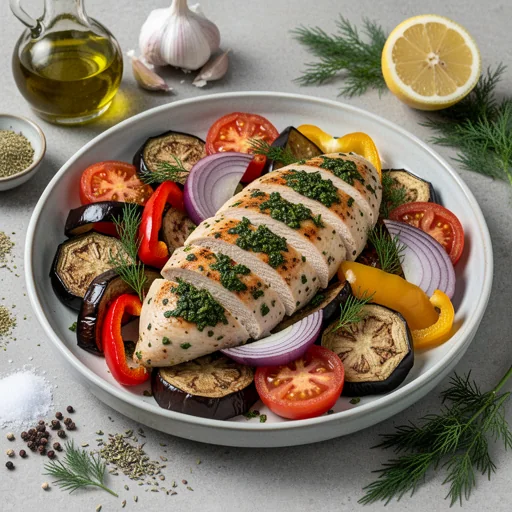 Mediterranean Herbed Chicken & Roasted Vegetable Bowls finished dish