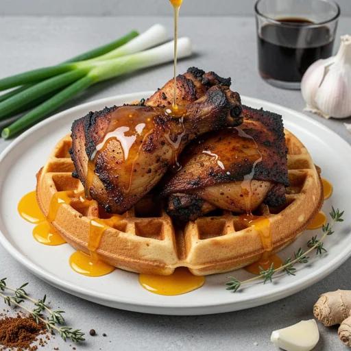 Jerk Chicken & Waffles with Mango-Habanero Syrup finished dish