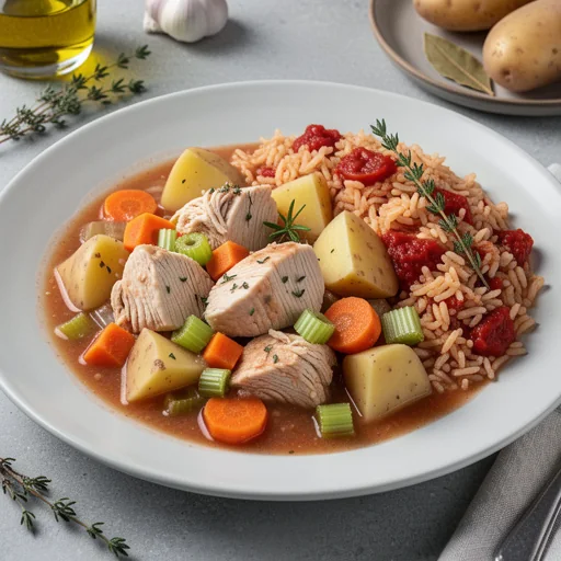 Hearty Chicken and Potato Stew with Tomato-infused Rice finished dish