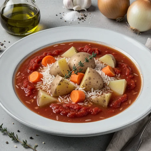 Hearty Tomato, Potato & Rice Soup finished dish