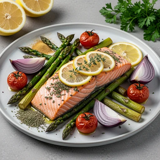 Sheet Pan Lemon Herb Salmon with Roasted Vegetables finished dish