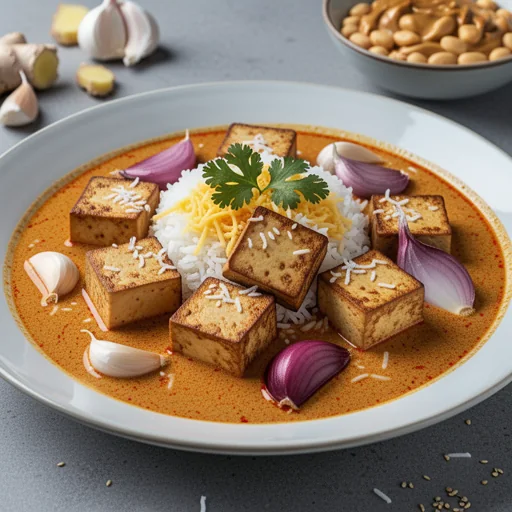 Caril Tailandês de Amendoim e Coco com Tofu Grelhado finished dish