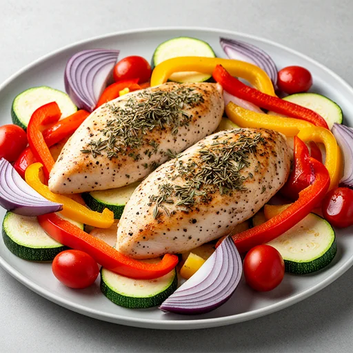 Lemon Herb Sheet Pan Chicken & Mediterranean Veggies finished dish