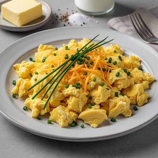 Hearty Cheddar & Chive Scrambled Eggs finished dish