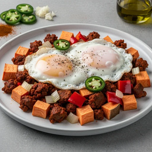 Spicy Chorizo and Sweet Potato Hash with Fried Eggs finished dish