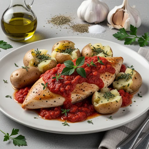 Quick Chicken Pizzaiola with Garlicky Smashed Potatoes finished dish