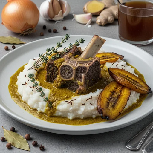 Curried Oxtail with Coconut Grits and Braised Plantains finished dish
