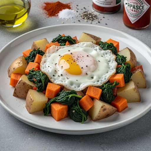 Empty Fridge Carrot & Spinach Hash with Fried Egg finished dish