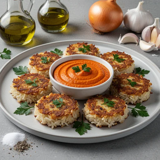 Crispy Rice & Potato Fritters with Spicy Tomato-Carrot Dip finished dish