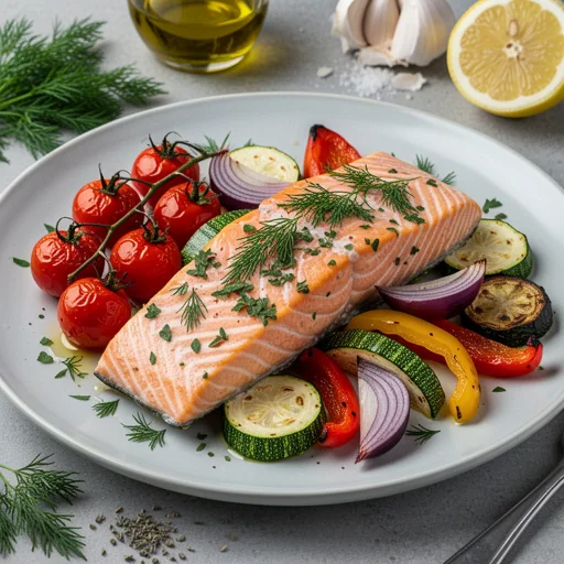 Mediterranean Lemon Herb Salmon with Roasted Vegetables finished dish