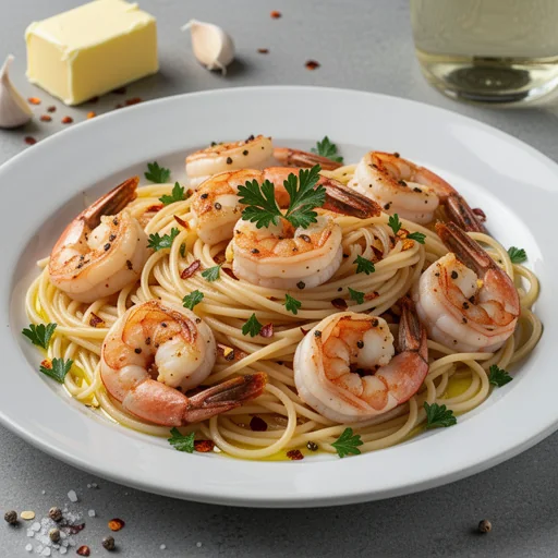 Quick Garlic Shrimp Scampi with Linguine finished dish