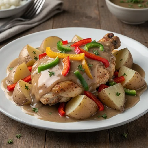 Smothered Chicken & Potatoes with Bell Pepper Gravy finished dish