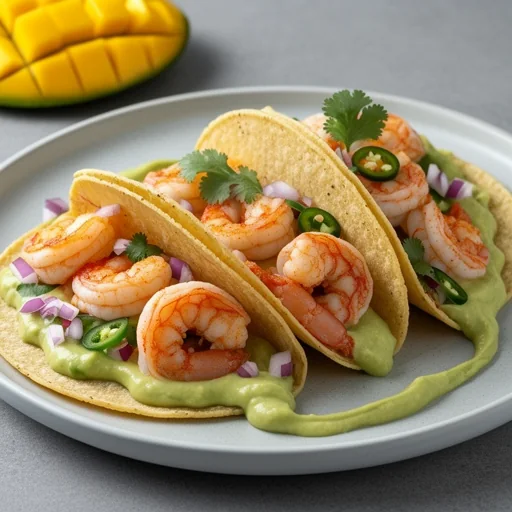 Tacos de Camarones al Chipotle con Salsa de Mango y Crema de Aguacate finished dish