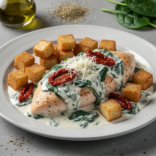 Creamy Sundried Tomato & Spinach Chicken with Crispy Potato Cubes finished dish