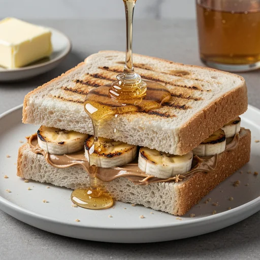 Gourmet Peanut Butter & Honey Grilled Sandwich with Caramelized Banana finished dish