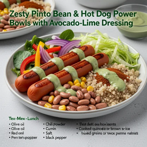 Zesty Pinto Bean & Hot Dog Power Bowls with Avocado-Lime Dressing finished dish