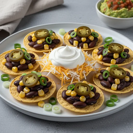Quick Sheet Pan Black Bean & Corn Nacho Bites finished dish