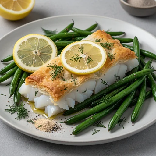 Flaky Air-Fried Cod Fillets with Lemon-Dill Green Beans finished dish