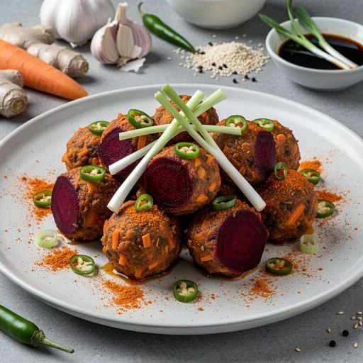 Crispy Carrot & Beetroot 'Manchurian' Bites with Sichuan Dust finished dish