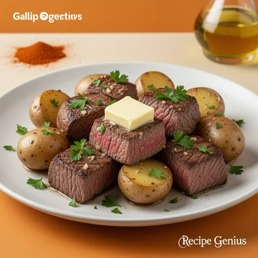Garlic Butter Steak Bites and Potatoes finished dish