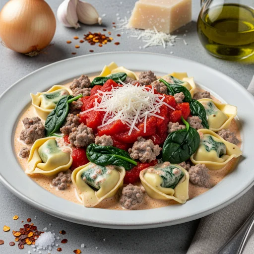 Creamy Tomato & Spinach Tortellini with Italian Sausage finished dish