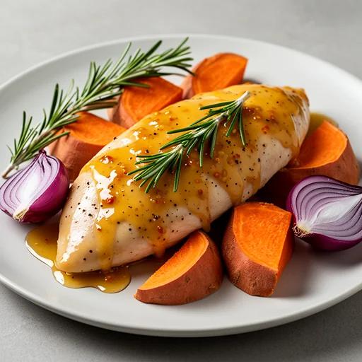 Oven-Baked Honey-Mustard Chicken & Rosemary Sweet Potatoes finished dish