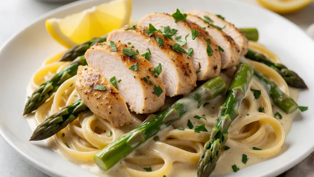 Lemon-Garlic Grilled Chicken Alfredo with Asparagus finished dish