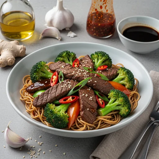 Szechuan Beef & Broccoli Noodle Bowl finished dish